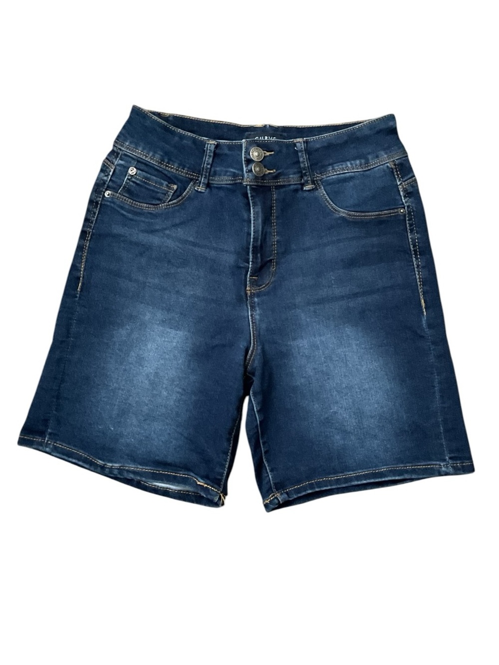 Women’s Dark Blue Denim Bermuda Shorts with Double-Button Waist